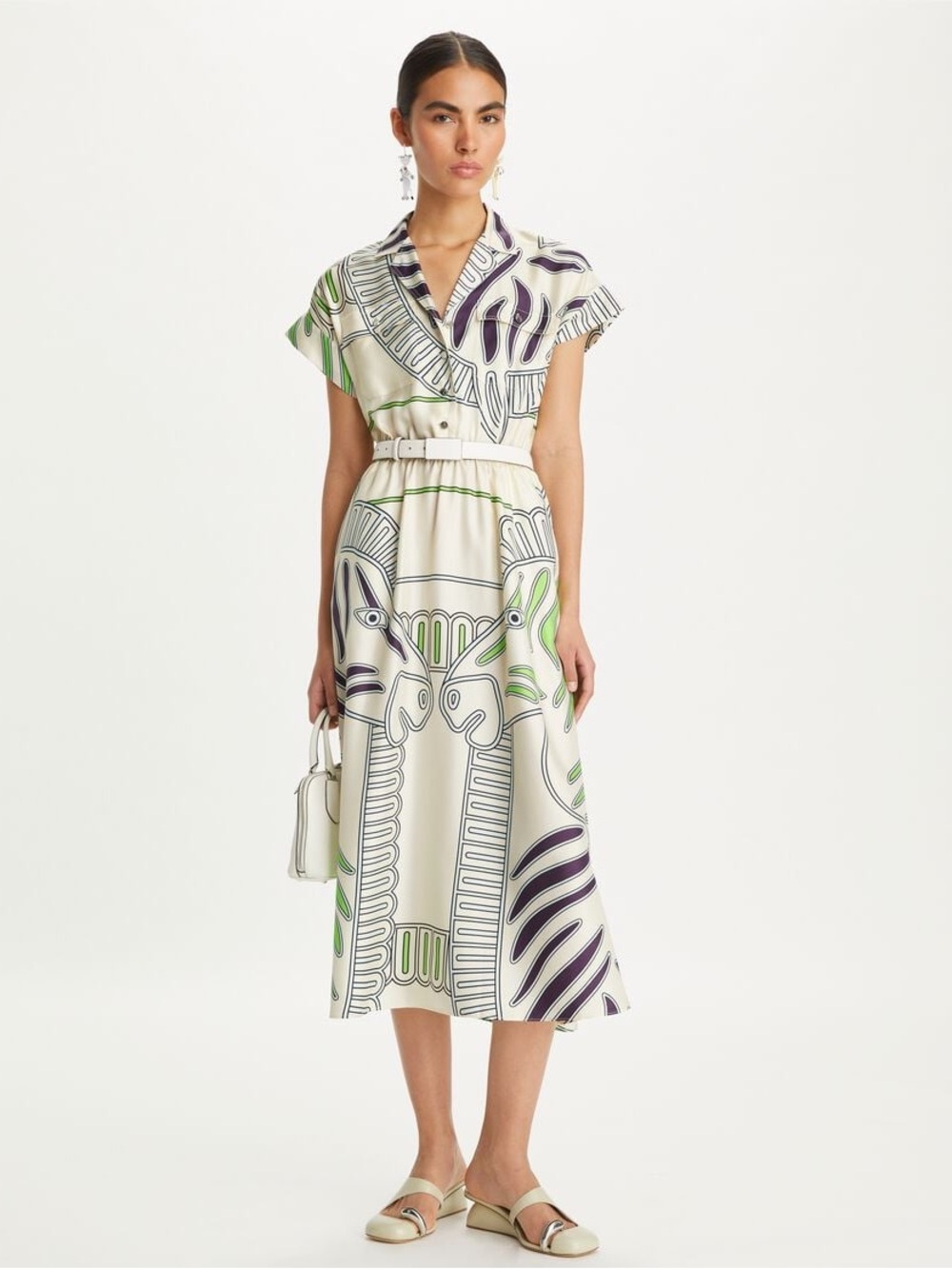 Tory Burch Printed Silk Twill Shirtdress Ivory Zebra Motif Midi Dress Sz 8